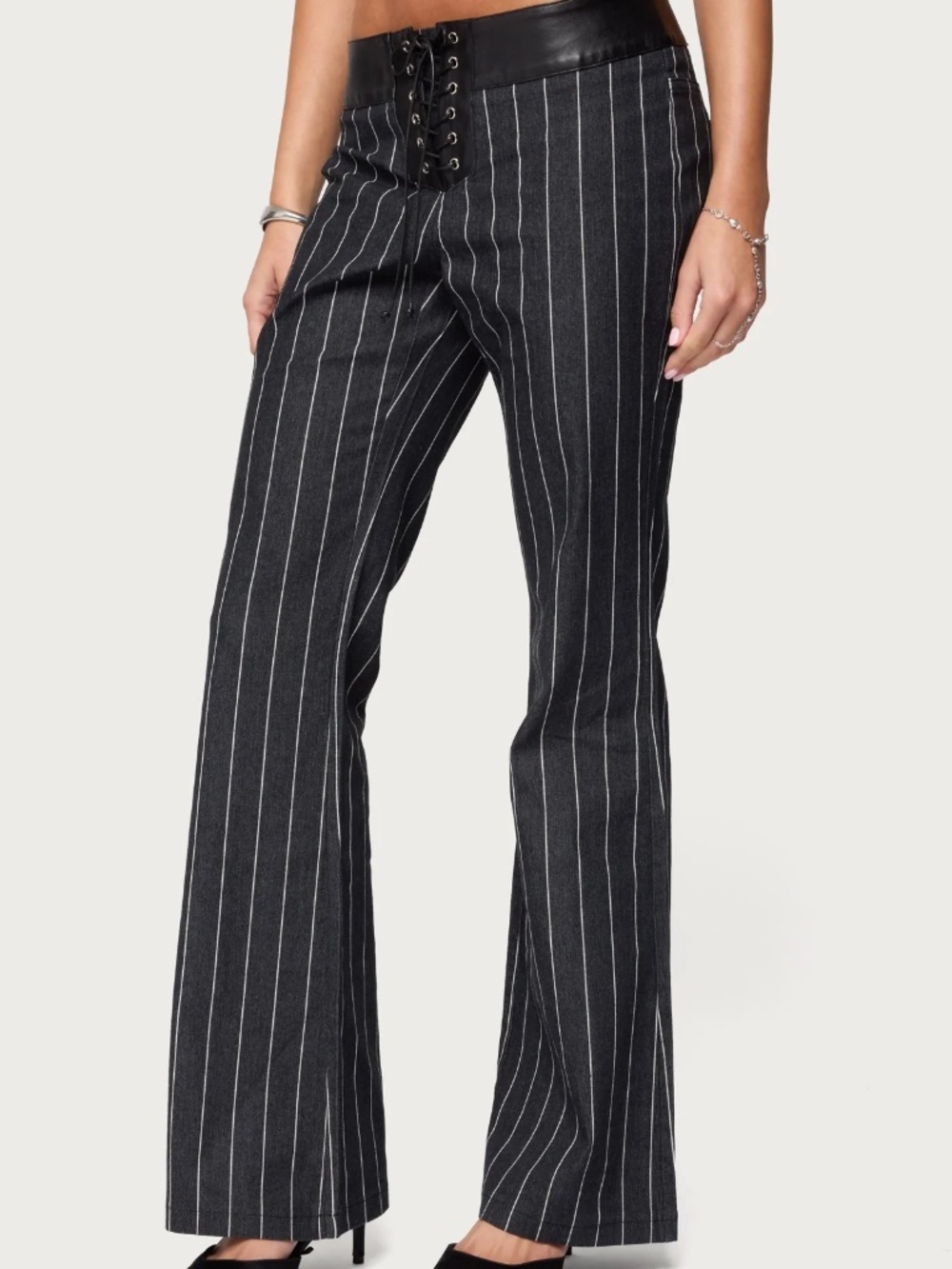 Edikted Pinstripe & Faux Leather Low Rise Flared Jeans - Size S - Picture 3 of 9